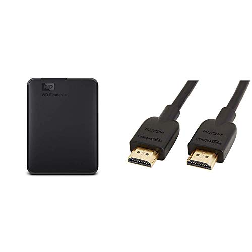 WD Elements - Disco Duro Externo portátil de 4 TB con USB 3.0, Color Negro & Amazon Basics - Cable HDMI 2.0 de Alta Velocidad (Ethernet, 3D, vídeo 4K y ARC, 0,91 m, estándar más Reciente)