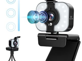 Webcam con Microfono para PC, Web CAM 1080 Full HD con Camara Web Tapa y Trípode, Webcam Streaming con Anillo de Luz, Plug y Play, Enfoque Automatico, Streamcam para PS4/Youtuber/Videoconferencia