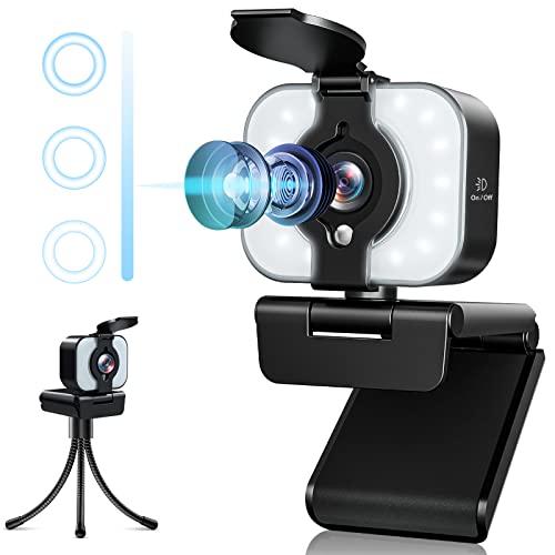 Webcam con Microfono para PC, Web CAM 1080 Full HD con Camara Web Tapa y Trípode, Webcam Streaming con Anillo de Luz, Plug y Play, Enfoque Automatico, Streamcam para PS4/Youtuber/Videoconferencia