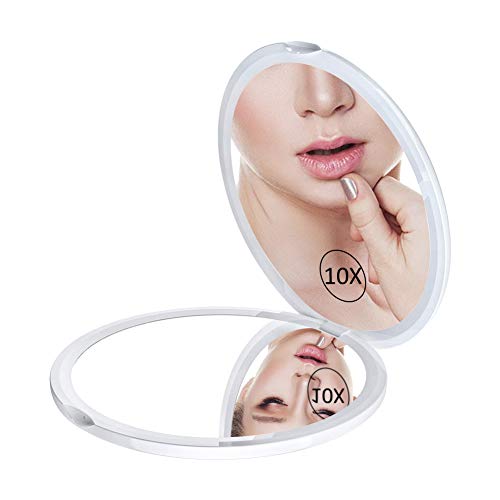 WEILY Espejo de Maquillaje Portátil de Bolsillo, Aumento Plegable de 1X/10X y Ajustable a 180 °, Mini Espejo de Viaje Redondo para Mujeres (10X, Blanco)