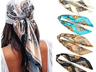 WELROG 4 Pack Pañuelos Cabeza Mujer - 90 * 90 cm Bandanas Grandes Pañuelos Cuadrados como seda Bufanda de pelo Mancha Diadema para Niñas (Serie 3)