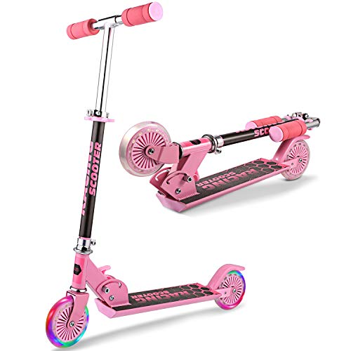 WeSkate Patinete 2 Led Ruedas para 3 a 12 Años Patinete Ajustable, Diseño Plegable, Manillar Ajustable, Carga Máxima de 110lbs (Rosa 1)