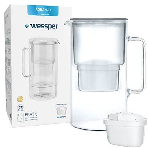 Wessper Jarra filtradora de vidrio con 1 cartucho de filtro, Compatible con el filtro Brita Maxtra, Reduce la cal, el cloro y los Microplásticos, 2.5 Litros, Gris