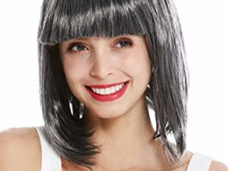 WIG ME UP- 0073-3-ZA103-ZA68A Peluca Mujer Carnaval al Hombro Bob Largo Pelo Liso Flequillo Negro mechas Grises