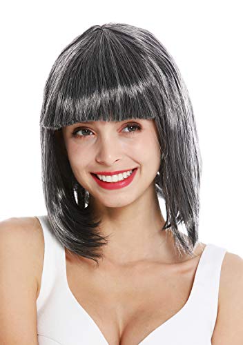 WIG ME UP- 0073-3-ZA103-ZA68A Peluca Mujer Carnaval al Hombro Bob Largo Pelo Liso Flequillo Negro mechas Grises