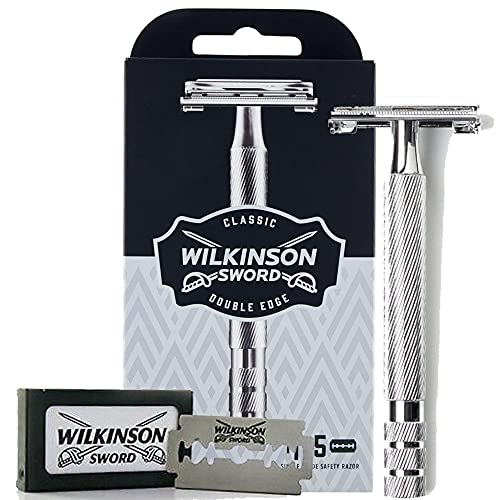 Wilkinson Sword Classic Premium - Máquina de Afeitar Vintage de Acero Cromado para Hombre + 5 Hojas de Afeitar de Doble Filo, Afeitado Clásico Manual, Gris