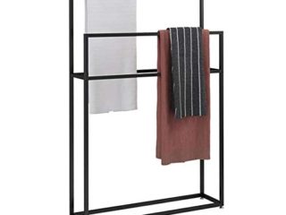 Wing Toallero de pie Negro Metal Toalleros repisa para baño con 2 Barras, Elegante baño toallero en Estilo Moderno, H 110cm,65×20×110cm(L×W×H)