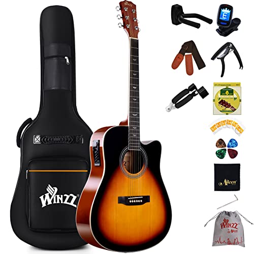 Winzz 4/4 Guitarra Electroacústica para Adultos, Guitarra Principiante Folk con Accesorios Completos（41 Pulgadas, Sunburst Brillante）