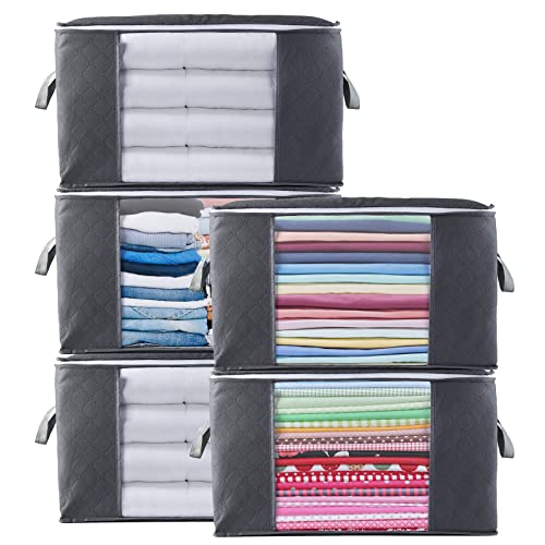 Withosent Cajas Almacenaje Ropa 5 Piezas 90L, Bolsa de Almacenamiento de Ropa con Mango Reforzado, Organizador de Canape Transpirable con Cremallera Robusta Bolsas para Guardar Ropa, Edredones, Mantas