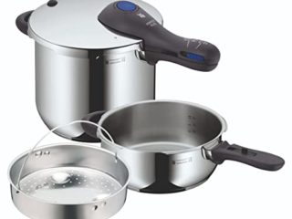 WMF Perfect Plus - Set con olla rápida de 22 cm de diámetro de 6.5 litros y cuerpo de 3 litros con cesta de vapor, para inducción, Acero Inoxidable Pulido