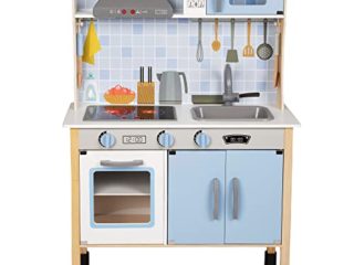 WOOMAX - Cocina juguete, Cocinita con Luz y Sonidos, Cocina juguete madera, Cocinitas de juguetes, Cocinita con Accesorios, Utensilios cocina juguete, Juguetes de madera, WOOMAX, color azul (49322)