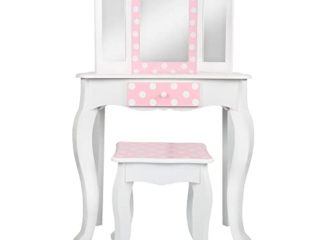 WOOMAX - Tocador niña, Maquillaje niña niño, Tocador de madera Infantil con Taburete y Espejo Niña, Centro de belleza con cajón, Juguetes educativos niños 3 años, Juguetes imitación (85388)