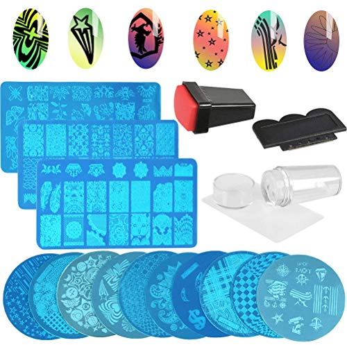 WOWOSS 16Pcs Placas Estampacion Uñas, 13Pcs Placas para Uñas + 2 Sello Estampador Uñas + Raspador de Manicura, Stamping Nail Art de Acero Inoxidable