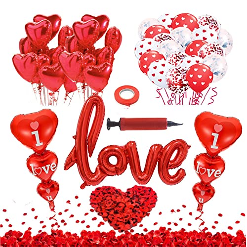 Wybtbm Kit Romántico de Globos y Pétalos. 1000 Pétalos de Rosa Roja de Seda + 33 Globos San Valentín - Decoración para Bodas Nupcial Aniversario, San Valentín y Compromiso
