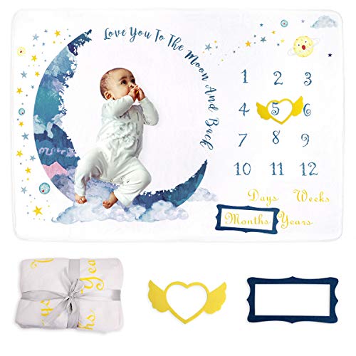 Xiangmall Manta Mensual Bebe Franela Manta de Hito Fondo de Fotografía con Marco para Recién Nacido Niños Niñas Baby Shower Regalo (Luna)