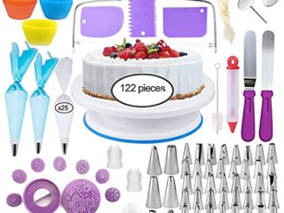 XINGGANG Decoración de Pasteles, Torta Giratoria, 122 Piezas Decoración Kit, Boquillas, Manga Pastelera, Raspadores de Pastel, Espátulas Glaseadas, Smoothe, Uñas de Flores, Cake Cutter
