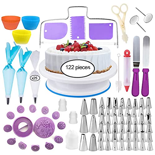 XINGGANG Decoración de Pasteles, Torta Giratoria, 122 Piezas Decoración Kit, Boquillas, Manga Pastelera, Raspadores de Pastel, Espátulas Glaseadas, Smoothe, Uñas de Flores, Cake Cutter
