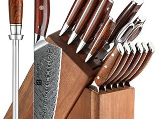 XINZUO Damascus Set Cuchillo Cocina 15 Piezas con Bloque Madera de Acacia,67 Capas de Acero Damascus Profesional Afilado Set Cuchillo de Cocinero -Tijeras de Cocina Multiusos y Chaira -Yi Serie