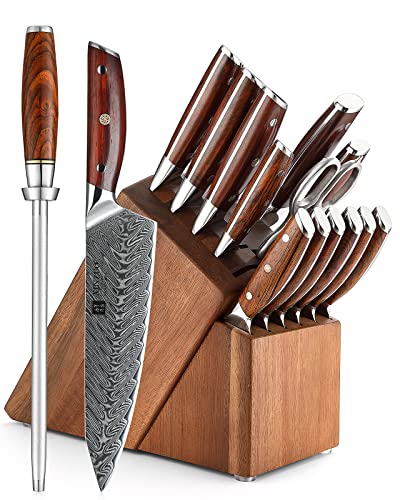 XINZUO Damascus Set Cuchillo Cocina 15 Piezas con Bloque Madera de Acacia,67 Capas de Acero Damascus Profesional Afilado Set Cuchillo de Cocinero -Tijeras de Cocina Multiusos y Chaira -Yi Serie
