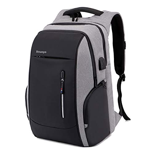 Xnuoyo Mochila Antirrobo de Portátil, 17,3 Pulgada Mochila Ordenador Portatil Resistente al Agua con el Puerto de Carga y Auriculares USB para Hombre Mujer Oficina Trabajo Diario Negocio, Gris