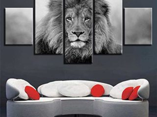 XXXCH Cuadro Moderno En Lienzo 5 Piezas - León Animal Blanco Y Negro Cuadro De Pintura Póster De Arte Moderno Oficina Sala De Estar O Dormitorio Decoración del Hogar Arte De Pared 200X100CM