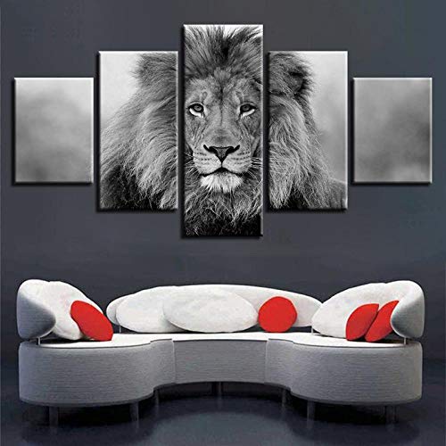 XXXCH Cuadro Moderno En Lienzo 5 Piezas - León Animal Blanco Y Negro Cuadro De Pintura Póster De Arte Moderno Oficina Sala De Estar O Dormitorio Decoración del Hogar Arte De Pared 200X100CM