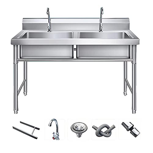 Yadlan Fregaderos Industriales Dos Senos, Fregadero Exterior Jardin con Patas, Fregadero Cocina Un Seno con Escurridor, Fregadero De Catering De Pie para Garaje Restaurante Al Aire Lib