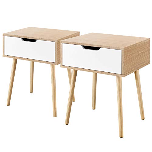 Yaheetech 2pcs Mesitas de Noche con Cajón 48x40x57cm Mesillas de Noche de Madera para Dormitorio Sala de Estar Mesas Auxiliares de Estilo Nordicos