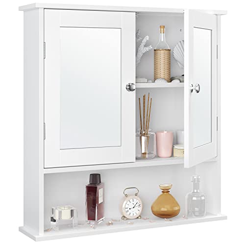 Yaheetech Armario de Baño con Espejo Armario de Pared con 2 Puertas 58x56x13cm Gabinete de Almacenaje para Colgar con 3 Niveles para Cocina Salón