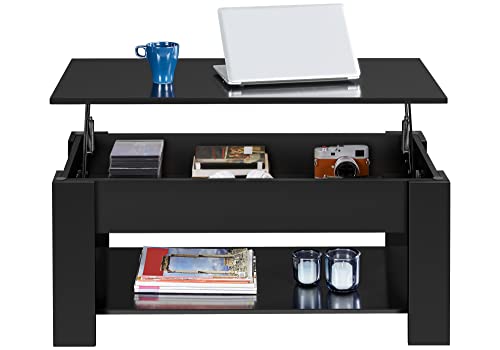 Yaheetech Mesa Centro Elevable y Extensible Mesa Centro Madera Lacada para Salon Mesa Cafe Múltifuncional con Revistero de Estilo Moderno Negro 98x50x(42-55,5) cm
