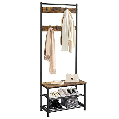 Yaheetech Perchero de Pie de Industrial Perchero de Entrada de Madera Perchero con Zapatero para Recibidor con 3 Estantes y 9 Ganchos Extraíbles 72.5x33x184.5cm Marrón