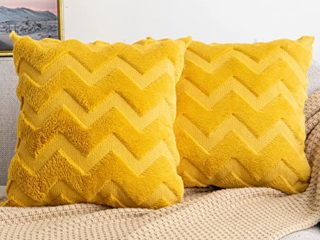 Yamonic Juego de 2 Funda Cojines de Lana Artificial y Terciopelo, Funda de Almohada Decorativa con Patrón Ondulado,Funda Cojines Sofá 45x45CM,Fundas de Cojín Amarillo Mostaza,Cojin Decoración Salón