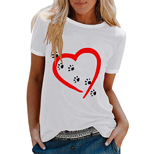 YANFANG Camiseta Camisas de Manga Corta Talla Grande con Cuello Redondo y Estampado de corazón Informal a la Moda para Mujer, Blusa Superior, Jersey Fiesta Pareja