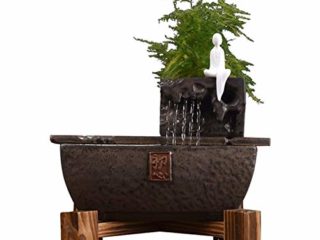 YAOLUU Fuente Agua Feng Shui Cubierta de Mesa Decoración Cerámica Agua de la Fuente de Agua Cortina Fuente Zen Decoración con Base de Madera (10,8 Pulgadas) Bonsais Naturales Interior