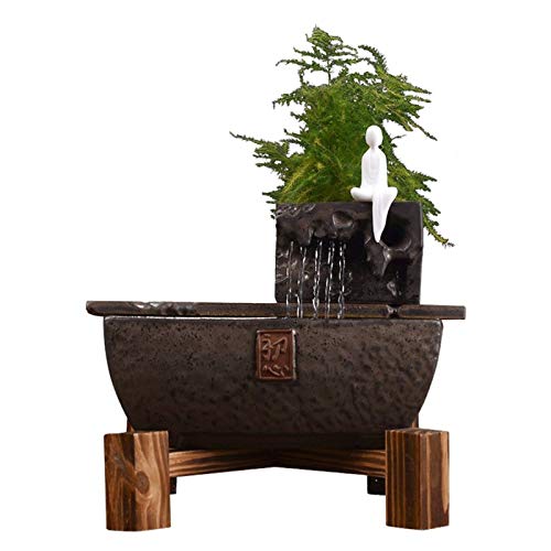 YAOLUU Fuente Agua Feng Shui Cubierta de Mesa Decoración Cerámica Agua de la Fuente de Agua Cortina Fuente Zen Decoración con Base de Madera (10,8 Pulgadas) Bonsais Naturales Interior