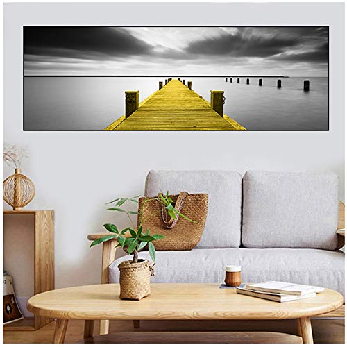 YCCYI Pintura de Lienzo Blanco Negro Puente de Oro Amarillo Abstracto Cartel e impresión Cuadro de Arte de Pared Gris para decoración de Sala de Estar 24"x 71" (60x180 cm) Sin Marco