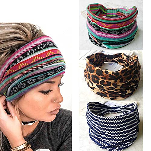 Yean Diademas bohemias con diseño de leopardo, turbante anudado, para la cabeza, bandas de tela a rayas, para mujeres y niñas, 3 unidades