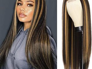 YEESHEDO Pelucas mujer peluca larga recta Marrón oscuro con reflejos rubios pelo natural rayita de encaje natural afro brasileña negro parte media lace hairline 26 pulgadas