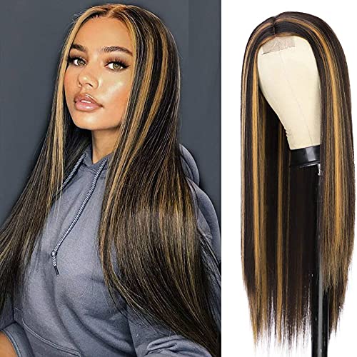 YEESHEDO Pelucas mujer peluca larga recta Marrón oscuro con reflejos rubios pelo natural rayita de encaje natural afro brasileña negro parte media lace hairline 26 pulgadas