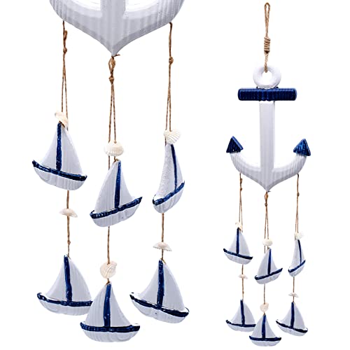 YHSWIN Decoración Marítima, Decoración de Ancla de Estilo Mediterráneo Barco Ancla Náutica Azul y Blanca Adorno Colgante, Añade un Ambiente Marino a Tu Habitación(51×15,5 cm)