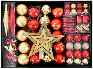 YILEEY Adornos de Navidad Decoracion 88 Piezas Rojas y Doradas, Arboles de Navidad Bolas de Plastico, en 21 Tipos, Caja de Bolas de Navidad de Plástico Inastillable con Percha, Adornos Decorativos