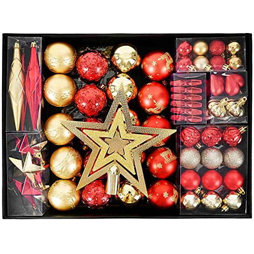 YILEEY Adornos de Navidad Decoracion 88 Piezas Rojas y Doradas, Arboles de Navidad Bolas de Plastico, en 21 Tipos, Caja de Bolas de Navidad de Plástico Inastillable con Percha, Adornos Decorativos