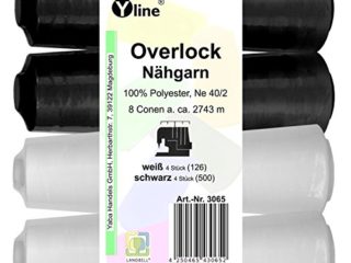 Yline Juego de 8 bobinas Overlock, hilo de coser, blanco y negro 2743 m, NE 40/2, 100% poliéster, hilo para máquina de coser, 3065