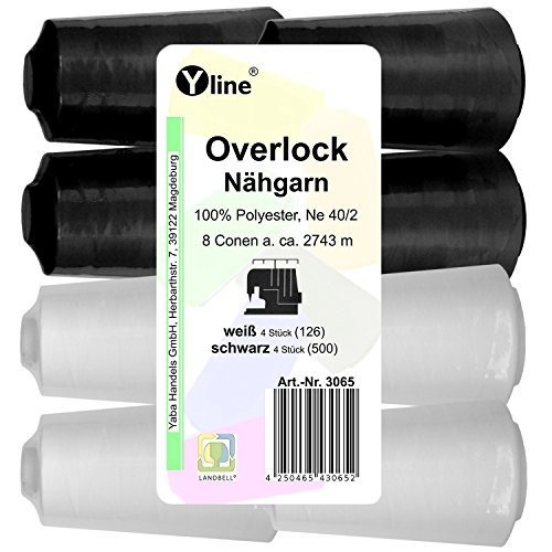Yline Juego de 8 bobinas Overlock, hilo de coser, blanco y negro 2743 m, NE 40/2, 100% poliéster, hilo para máquina de coser, 3065