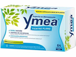 Ymea Vientre Plano - Tratamiento de la menopausia, control de sofocos y alivia el hinchazón abdominal, uso prolongado, sin estrogenos, soja o consevantes, 64 capsulas, Tratamiento 1 mes, 26 gr