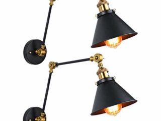 YMHPRIDE Lámpara de pared industrial 2 paquetes, lámpara de pared de brazo largo ajustable, lámpara E27, luz rústica retro para cocina, cafetería, isla, bar, sala de estar, loft (dorado / negro)