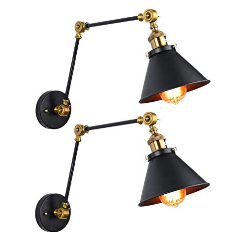 YMHPRIDE Lámpara de pared industrial 2 paquetes, lámpara de pared de brazo largo ajustable, lámpara E27, luz rústica retro para cocina, cafetería, isla, bar, sala de estar, loft (dorado / negro)
