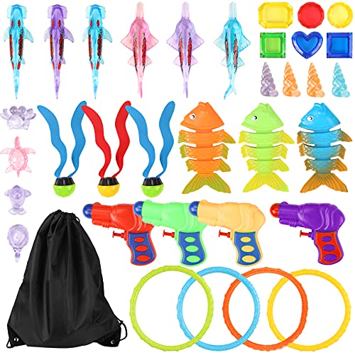 Yodeace Juguetes Piscina 35 Piezas, Juegos Piscina para Niños, Juguetes de Buceo Aros Piscina, Pistola de Agua, Peces de Algas Marinas