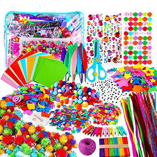 Yojoloin Manualidades Niños 5 6 7 8 Años,1800+pcs Creativo Kit Manualidades DIY Arts Crafts Materiales,Juegos de Manualidades con Pompoms,Limpiadores de Pipa,Papel de Colores,Pegatinas