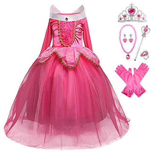 YOSICIL Disfraz de Bella Disfraces de Princesa Aurora Manga Larga Vestido de Princesa de Bella Durmiente Disfraz Accesorios Traje de Fiesta Carnaval Cumpleaños Regalo Navidad Halloween,Rosa 150